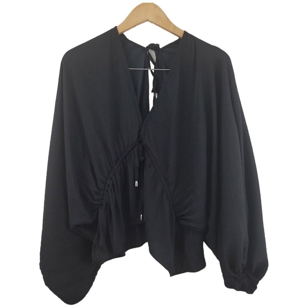 Free People Elouise Black Satin Long Sleeve Blouse Oversized Boho V-Neck Top XS - Picture 1 of 13
